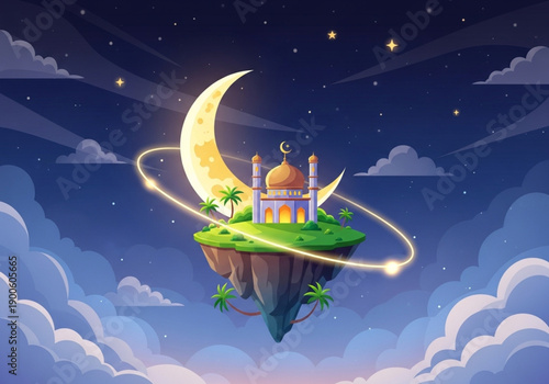 Magical Floating Island with Mosque Under Crescent Moon and Stars
