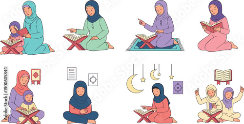 Muslim women and children reading Quran together, Islamic learning and prayer moments, family faith education and devotion concept, warm flat vector illustration set