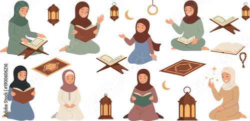 Muslim women reading Quran and praying together, Islamic faith and spiritual learning moments, modest hijab clothing and devotion concept, warm flat vector illustration set