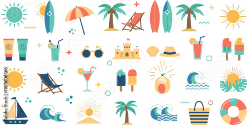 Summer Beach Icon Illustration Set with Sun, Palm Trees, Surfboards, Waves, Ice Cream, Drinks, Umbrella, Sailboat, and Tropical Vacation Elements