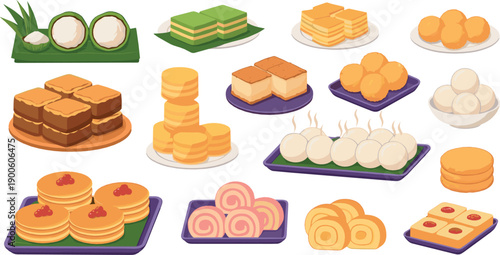 Traditional Asian desserts and sweets collection with rice cakes and pastries, delicious festival treats and confectionery food icons, colorful flat vector illustration set