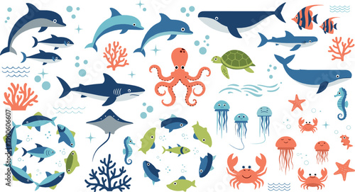 Underwater Sea Animals Illustration Set with Whales, Dolphins, Sharks, Fish, Octopus, Jellyfish, Turtle, Crab, Coral, and Marine Life Elements
