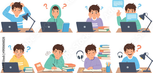 Young student studying at desk with laptop and books, learning emotions from confusion to success, online education and homework concept, flat vector illustration set