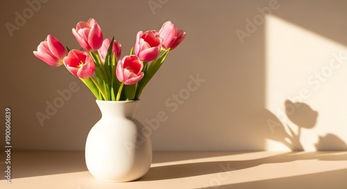 Wallpaper Mural Pink tulips in a white vase on a sunlit table with soft shadows Torontodigital.ca