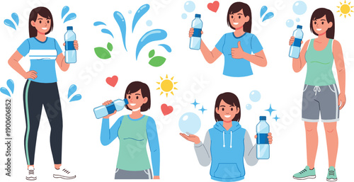 Young woman drinking water character set promoting hydration, healthy lifestyle and fitness, cheerful flat vector illustration for wellness, sports and healthcare design