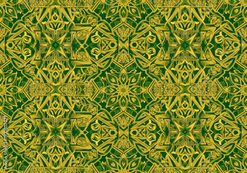 Vibrant Green and Gold Abstract Seamless Pattern with Intricate Geometric Ornamental Details for Elegant Backgrounds