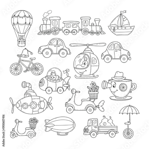 Transport Line Art: A whimsical collection of various transport vehicles, each meticulously depicted in a charming line art style, perfect for illustrating diverse travel themes.