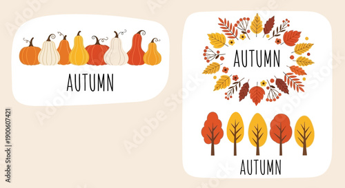 A collection of charming autumn-themed illustrations featuring pumpkins, leaves, and trees, perfect for seasonal decorations and designs.