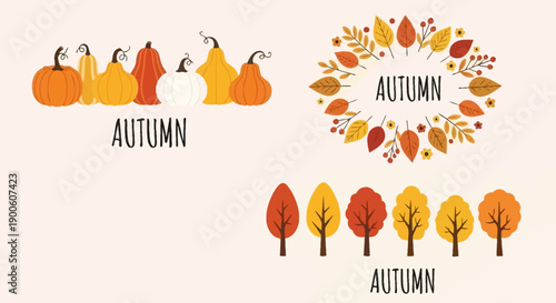 A collection of autumn-themed illustrations featuring pumpkins, a wreath of leaves, and stylized trees, all labeled with the word "AUTUMN".