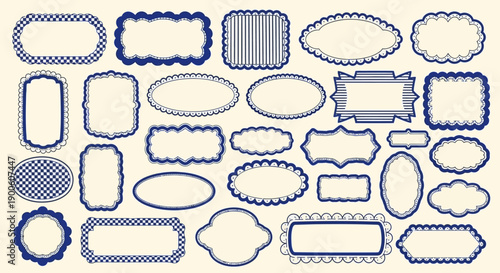 Collection of decorative blue and white frames and borders with various shapes and patterns.