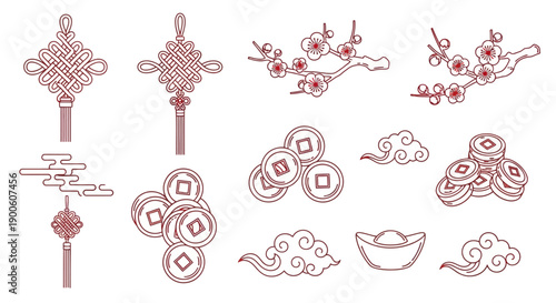 A collection of traditional Chinese New Year decorative elements, including knots, coins, clouds, and plum blossoms, rendered in a simple, elegant line art style.