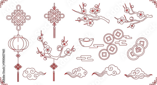 A collection of traditional Chinese New Year decorative elements including knots, lanterns, plum blossoms, gold ingots, and auspicious clouds, rendered in a red outline style.