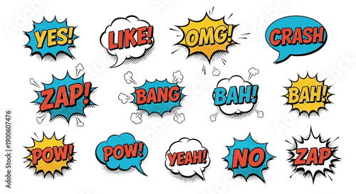 A collection of comic book style speech bubbles with various exclamations like YES, LIKE, OMG, CRASH, ZAP, BANG, BAH, POW, and YEAH.