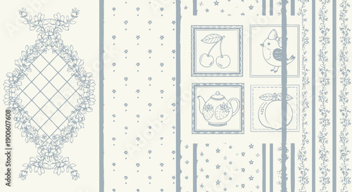 A delicate and charming digital illustration featuring a lace-like motif, small floral patterns, and framed illustrations of fruit and a bird.
