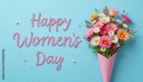 Happy Women's Day Greeting with Colorful Flower Bouquet on Blue Background