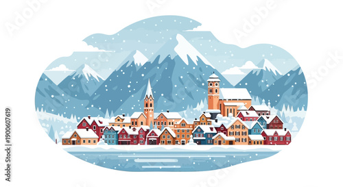 A charming winter village nestled by a frozen lake with snow-capped mountains in the background.
