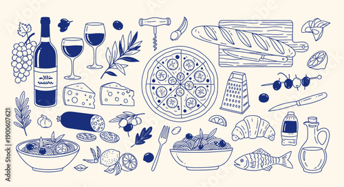 A charming hand-drawn illustration featuring a delightful assortment of Italian food and drink items, including wine, cheese, pizza, and bread.