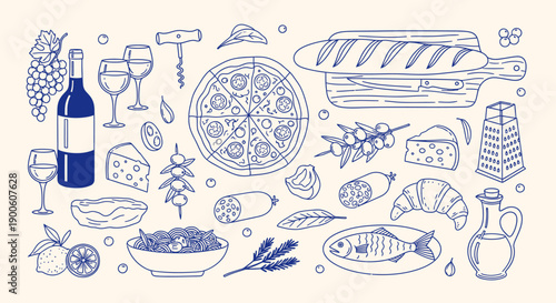 A charming hand-drawn illustration featuring a delightful assortment of Italian-inspired food and drink items, perfect for culinary themes.