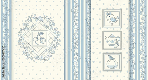 Charming blue and white vintage-style wallpaper with delicate patterns of cherries, birds, teapots, and fruit.