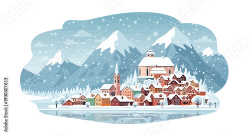 A charming European village nestled in a snowy mountain landscape with a frozen lake in the foreground.