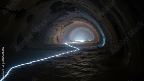 dramatic lightning streak illuminating an underground cave tunnel with mysterious glow