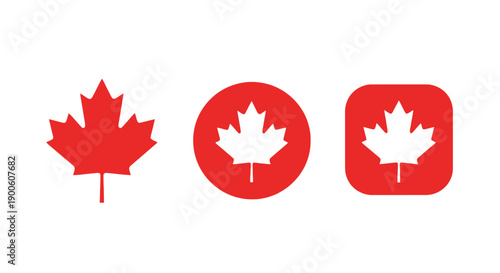 Three Canadian maple leaf icons in red and white, representing national symbols.