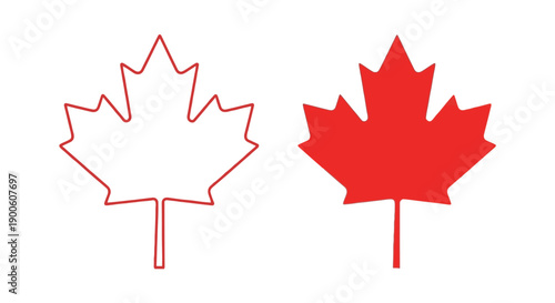 Two Canadian maple leaves, one outlined in red and the other solid red, against a white background.