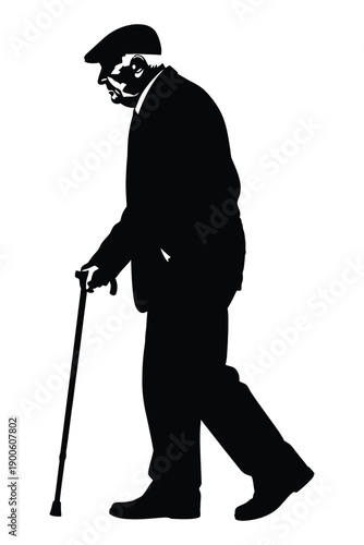 Silhouette of elderly man walking with cane isolated on white background
