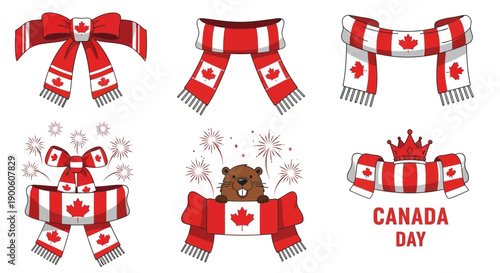Collection of Canadian-themed decorative elements featuring maple leaves, red and white stripes, bows, scarves, and a beaver celebrating Canada Day with fireworks and a crown.