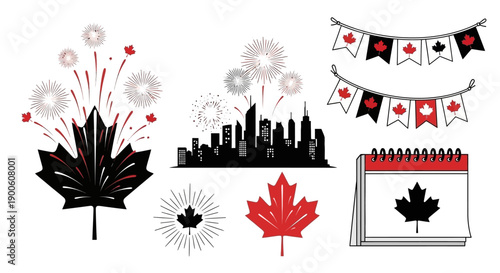Collection of Canadian holiday symbols including fireworks, maple leaves, city skyline, bunting, and a calendar.