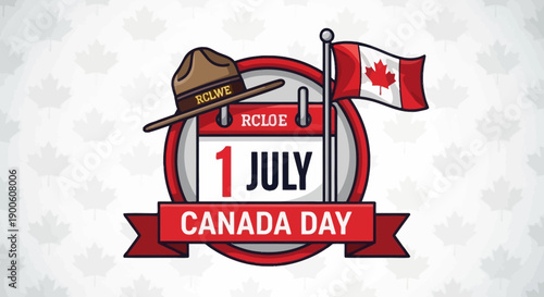 Illustration of a Canadian flag and a calendar showing July 1st, celebrating Canada Day with a police hat.