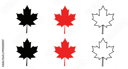 Six Canadian Maple Leaf Icons in Black, Red, and Outline Styles.