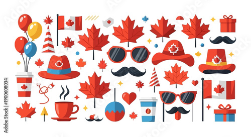 A vibrant collection of Canadian-themed icons and symbols, perfect for celebrating Canada Day.
