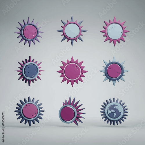 Collection of stylized sun icons with varying designs and colors.