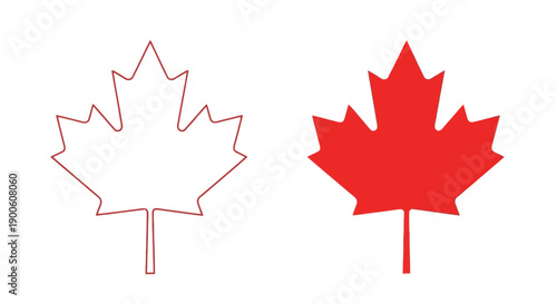 Two Canadian maple leaves, one outlined in red and the other filled with solid red, presented side-by-side on a white background.