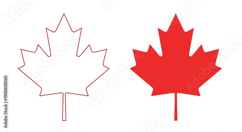 Two Canadian maple leaves, one outlined in red and the other solid red, against a white background.