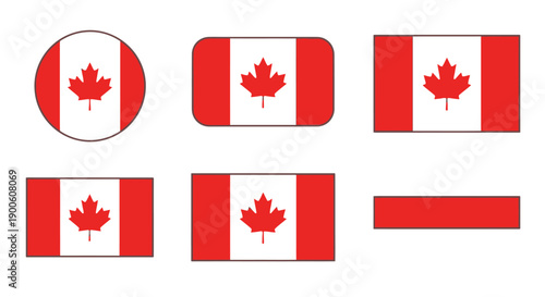 Collection of Canadian flags in various shapes and styles, including circular, rounded rectangle, and standard rectangular formats, all featuring the iconic red maple leaf.