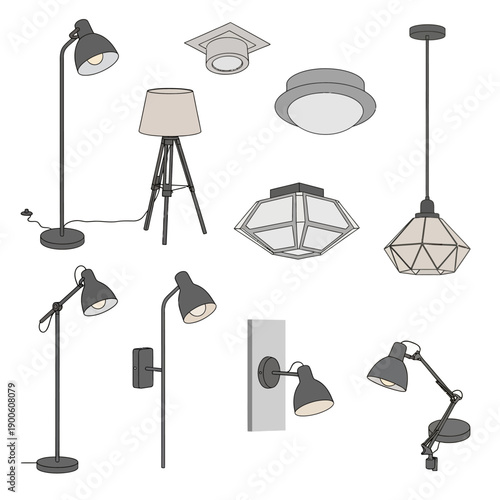 Collection of various lighting fixtures for interior design.