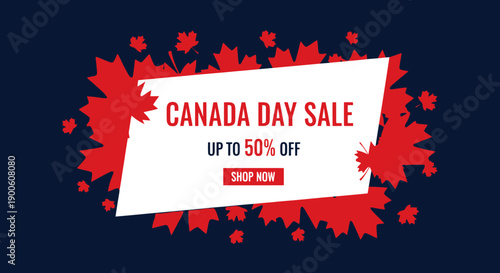 Canada Day Sale banner with red maple leaves and "Up to 50% Off" text.