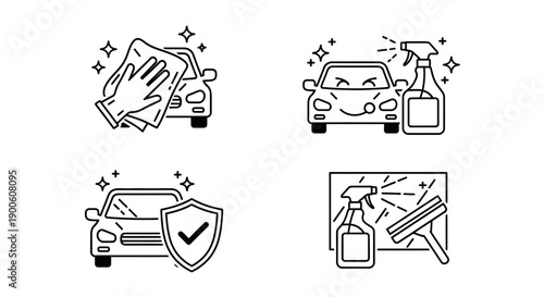 Set of four icons illustrating car cleaning and protection services, including washing, polishing, and window cleaning.