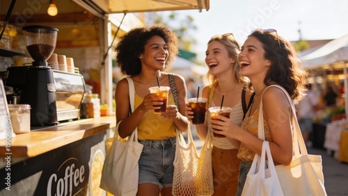 Three young women friends laugh at an outdoor coffee stall, holding iced drinks and tote bags, summer market lifestyle, candid social joy for travel and leisure