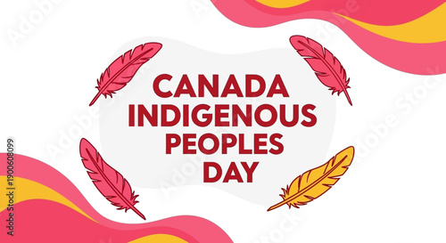 Canada Indigenous Peoples Day celebration with feathers and wavy design elements.