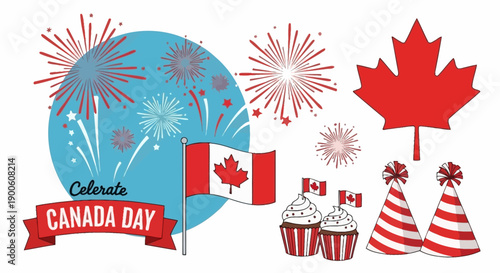 Celebrate Canada Day with fireworks, maple leaves, cupcakes, and party hats.