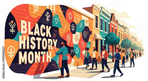 A vibrant mural celebrating Black History Month adorns a brick wall, with diverse people walking along a sunny street lined with colorful buildings.