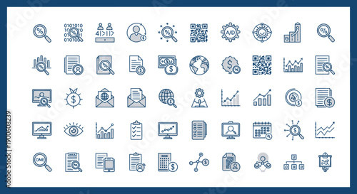 A comprehensive collection of business and finance-related icons, featuring analytics, data, and strategy elements.