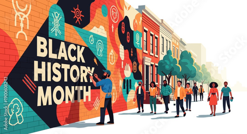 A vibrant mural celebrating Black History Month is painted on a brick wall, with diverse people walking past on a sunny street.