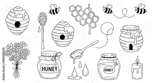 A charming collection of hand-drawn illustrations featuring bees, honeycombs, honey jars, and a bouquet of flowers, perfect for a sweet and natural theme.
