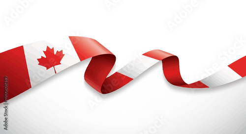 A flowing ribbon of the Canadian flag with its iconic red maple leaf against a white background.