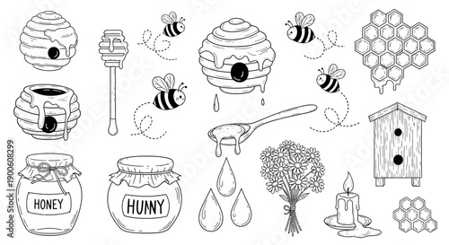 A charming hand-drawn collection of bee and honey-related illustrations, featuring beehives, bees, honey jars, a honey dipper, a spoon with honey, flowers, a candle, and honeycomb patterns.