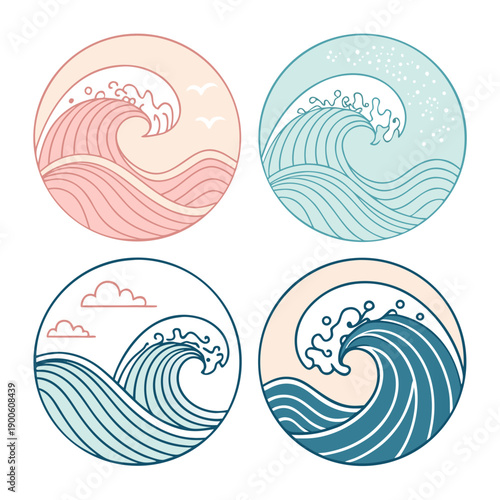 Four circular icons illustrating different wave styles in pastel colors from various viewpoints